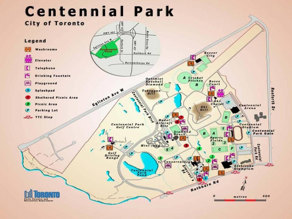 Zemljevid Centennial Park Toplogrednih Torontu