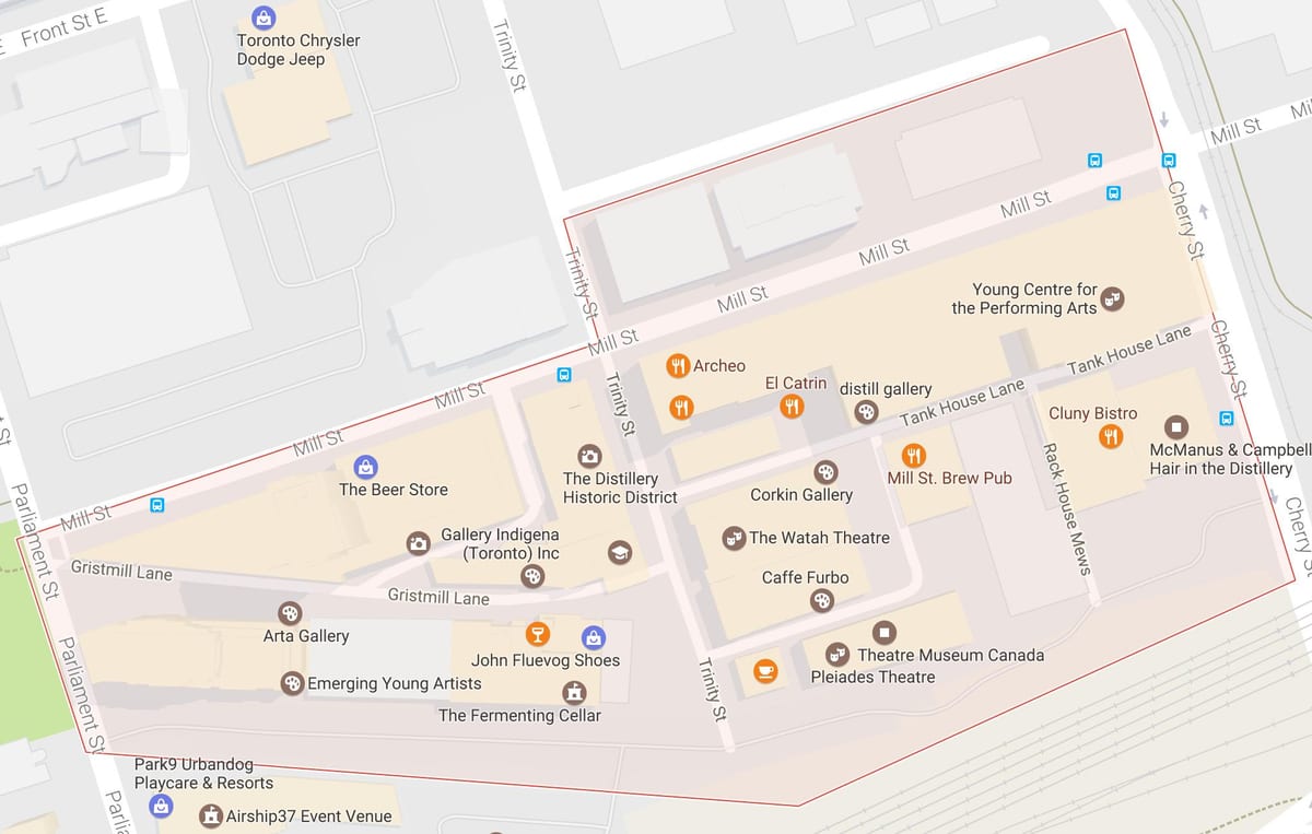 Zemljevid Destilarno Okrožno sosedske Torontu
