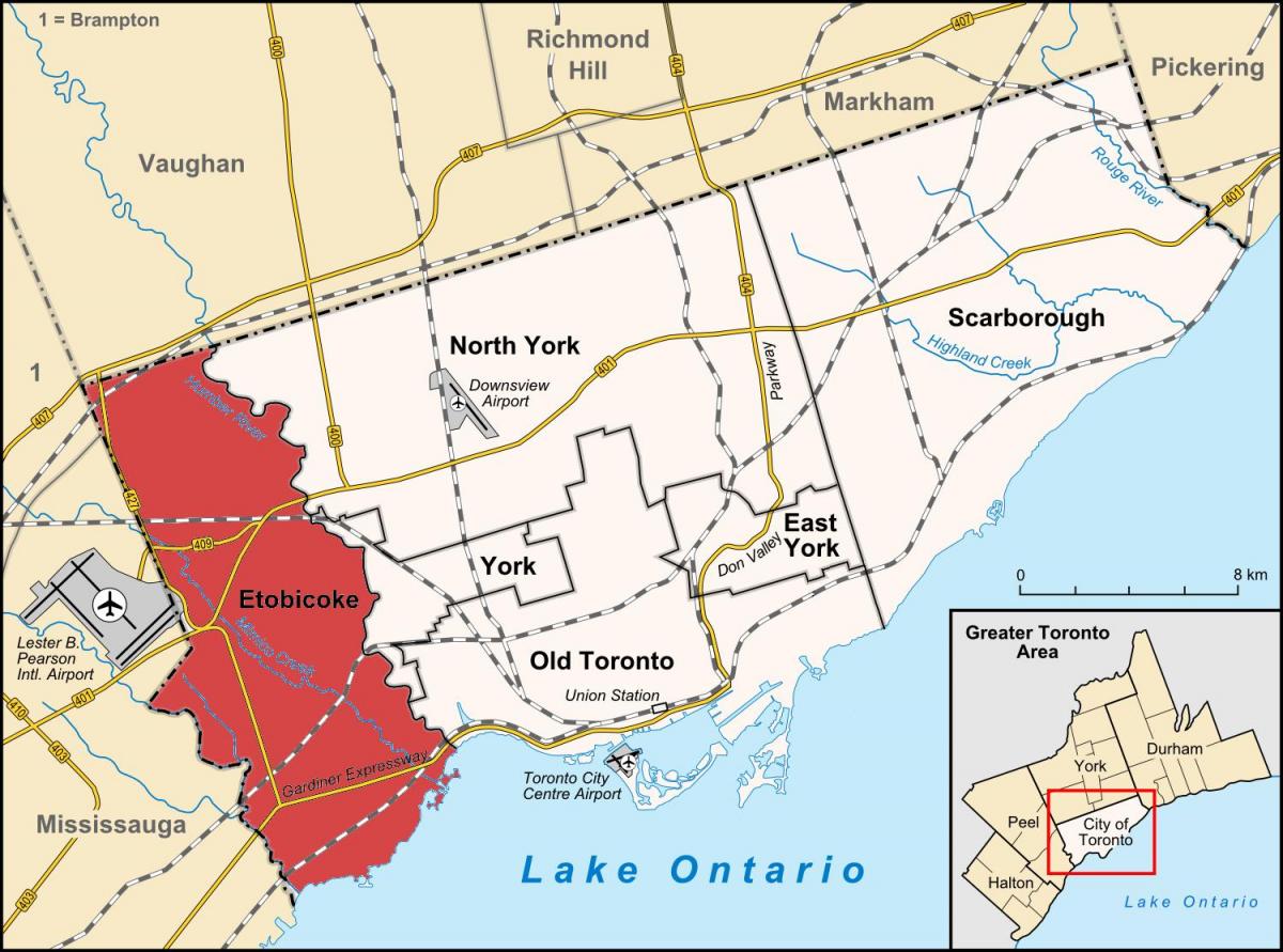 Zemljevid Etobicoke okrožno Torontu