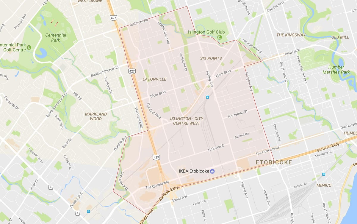 Zemljevid Islingtona-Mestno Središče Zahodno sosedstvo, Toronto
