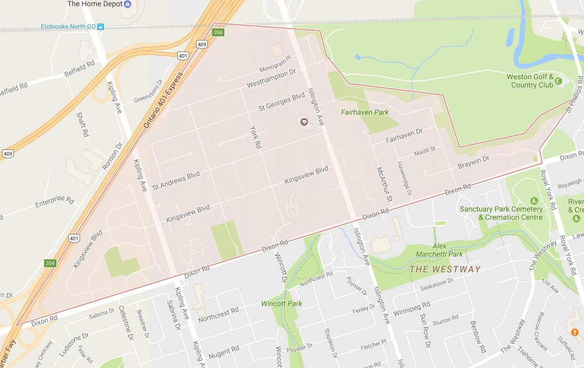 Zemljevid Kingsview Vasi sosedske Torontu