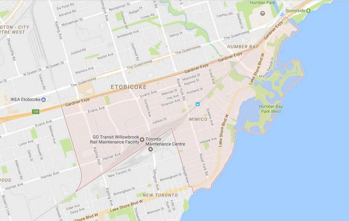 Zemljevid Mimico sosedske Torontu