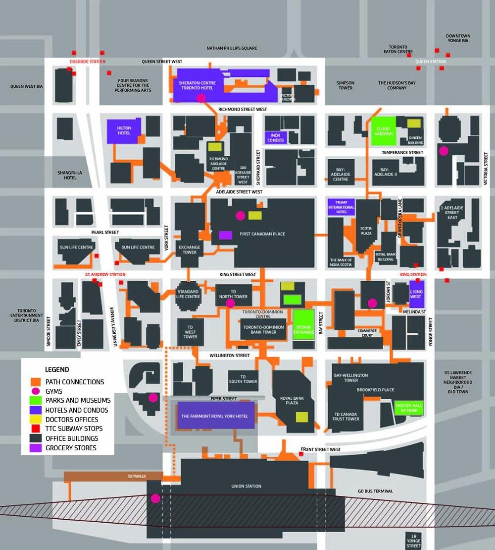 Zemljevid Poti v Torontu je Downtown Pešpot za Pešce