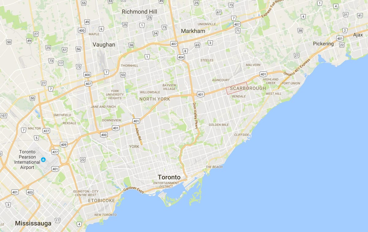 Zemljevid Scarborough Mestno Središče okrožja Torontu