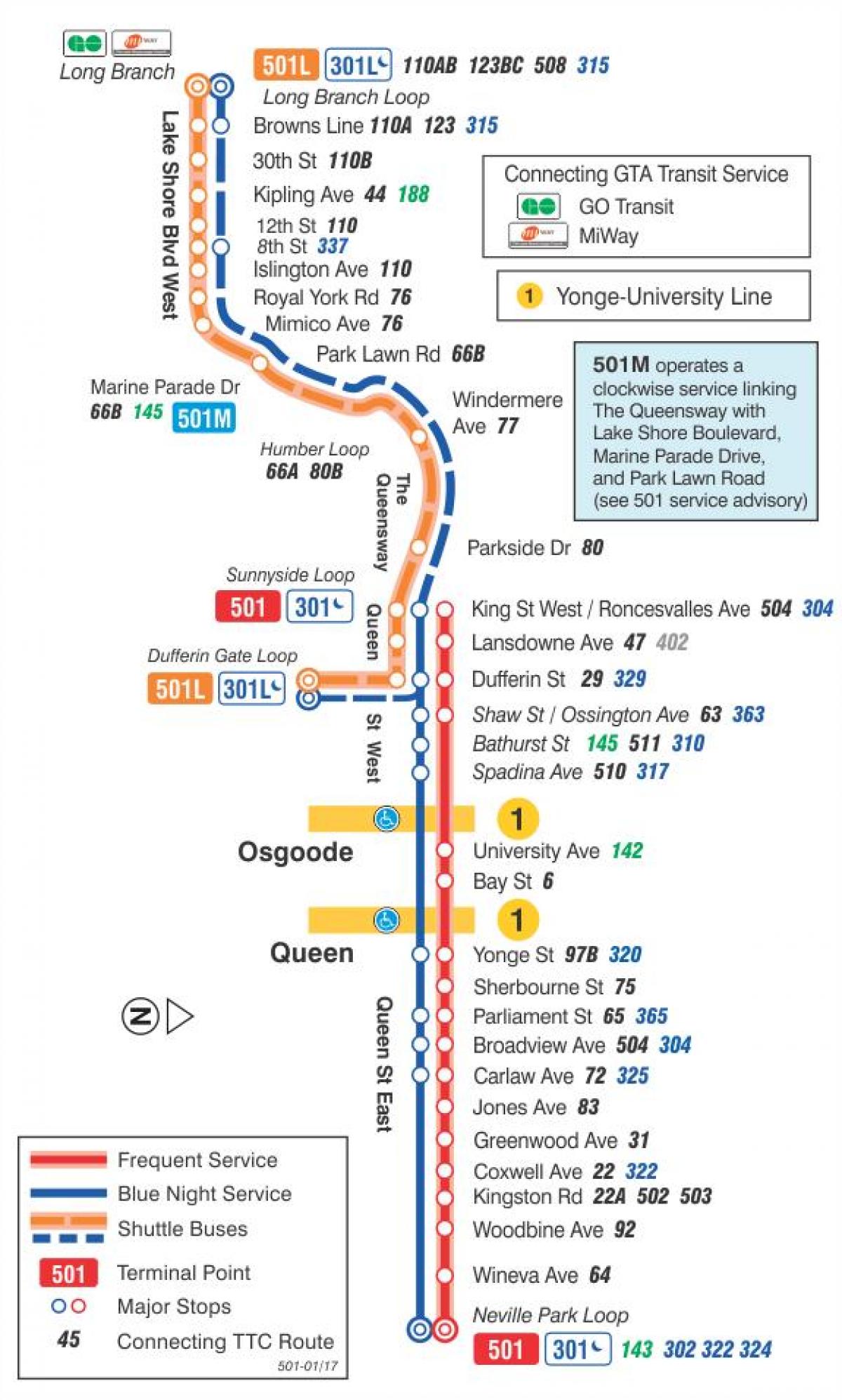 Zemljevid streetcar skladu 501 Kraljica