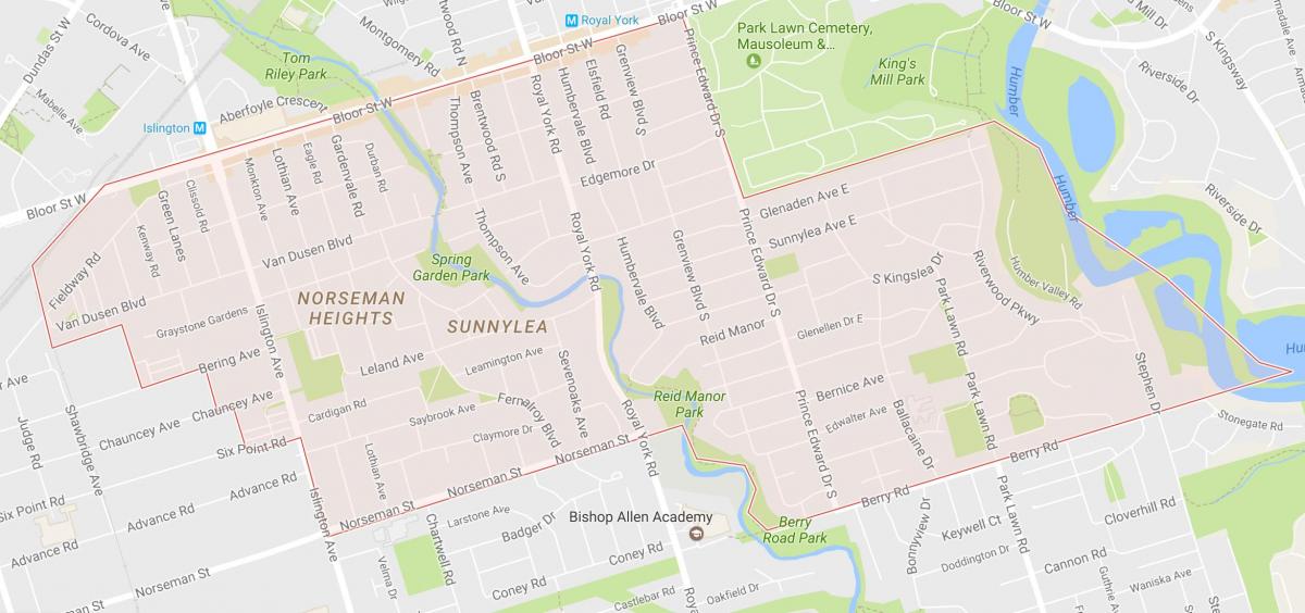Zemljevid Sunnylea sosedske sosedske Torontu