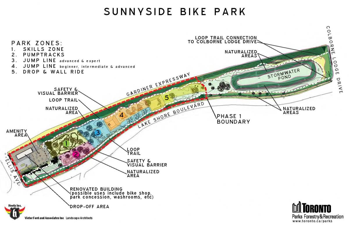Zemljevid Sunnyside Bike Park pas Torontu