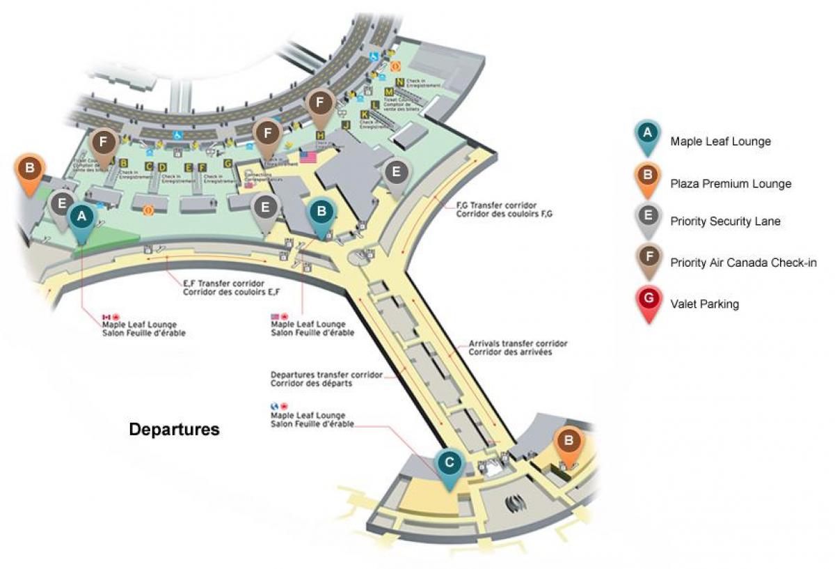 Zemljevid Torontu Pearson mednarodno letališče odhodi terminal