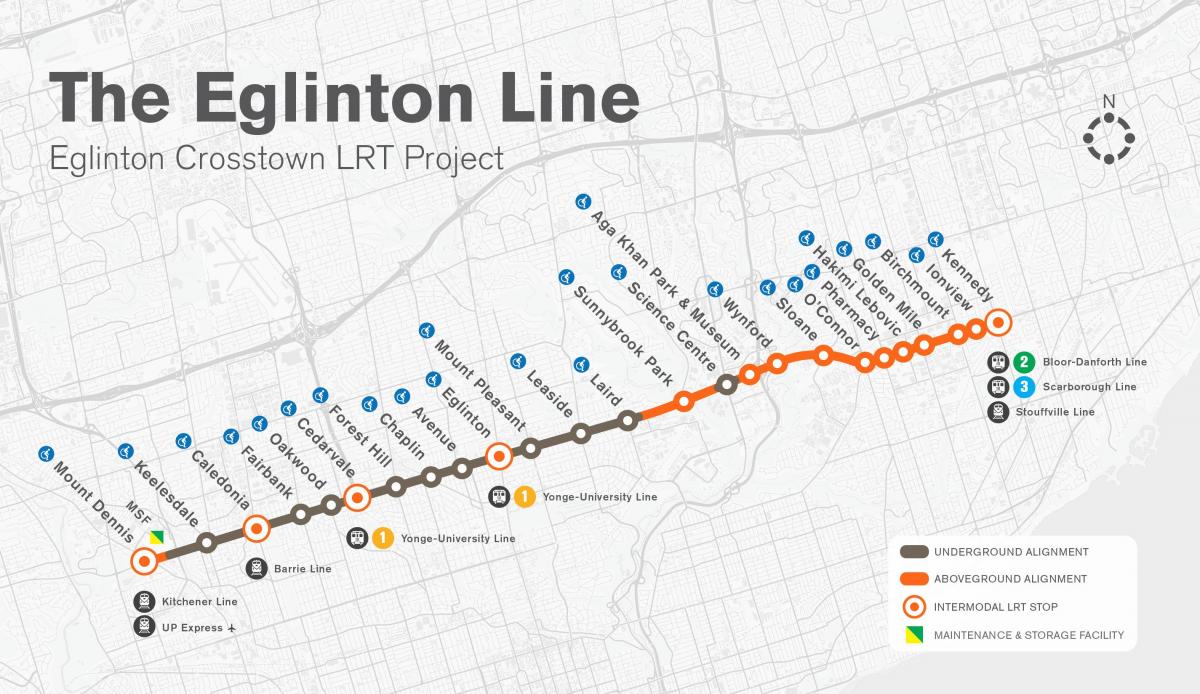 Zemljevid Torontu podzemne železnice Eglinton line projekta