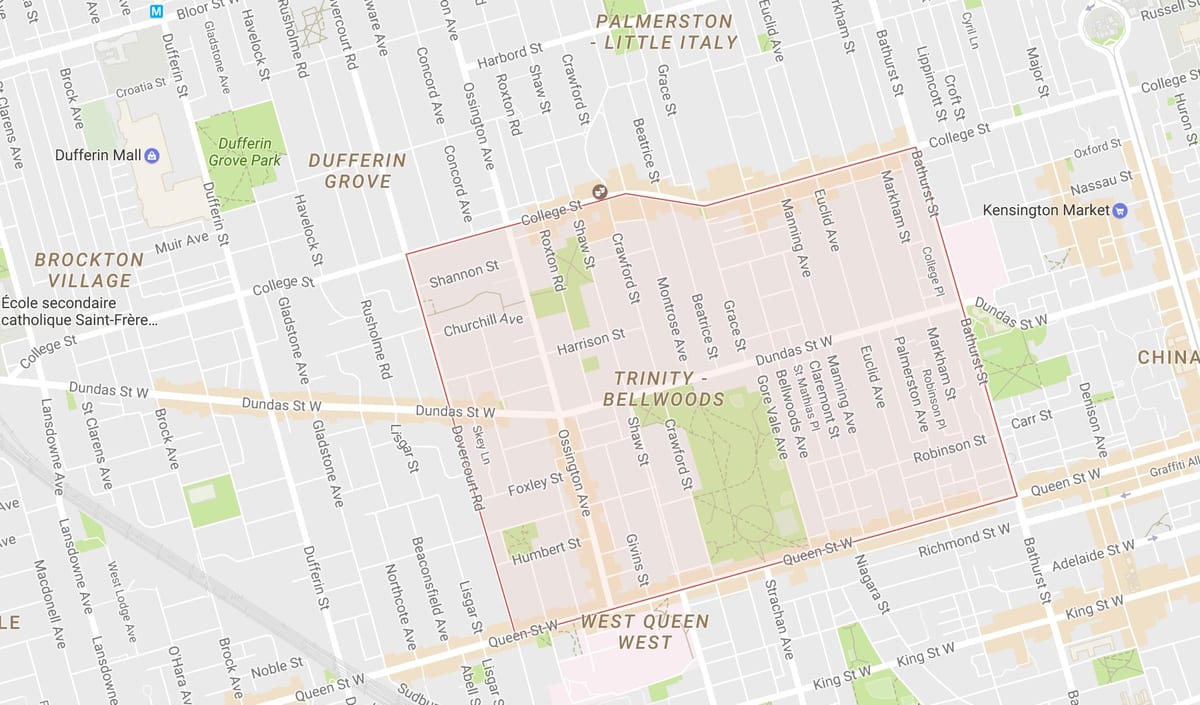 Zemljevid Trojice–Bellwoods sosedske Torontu