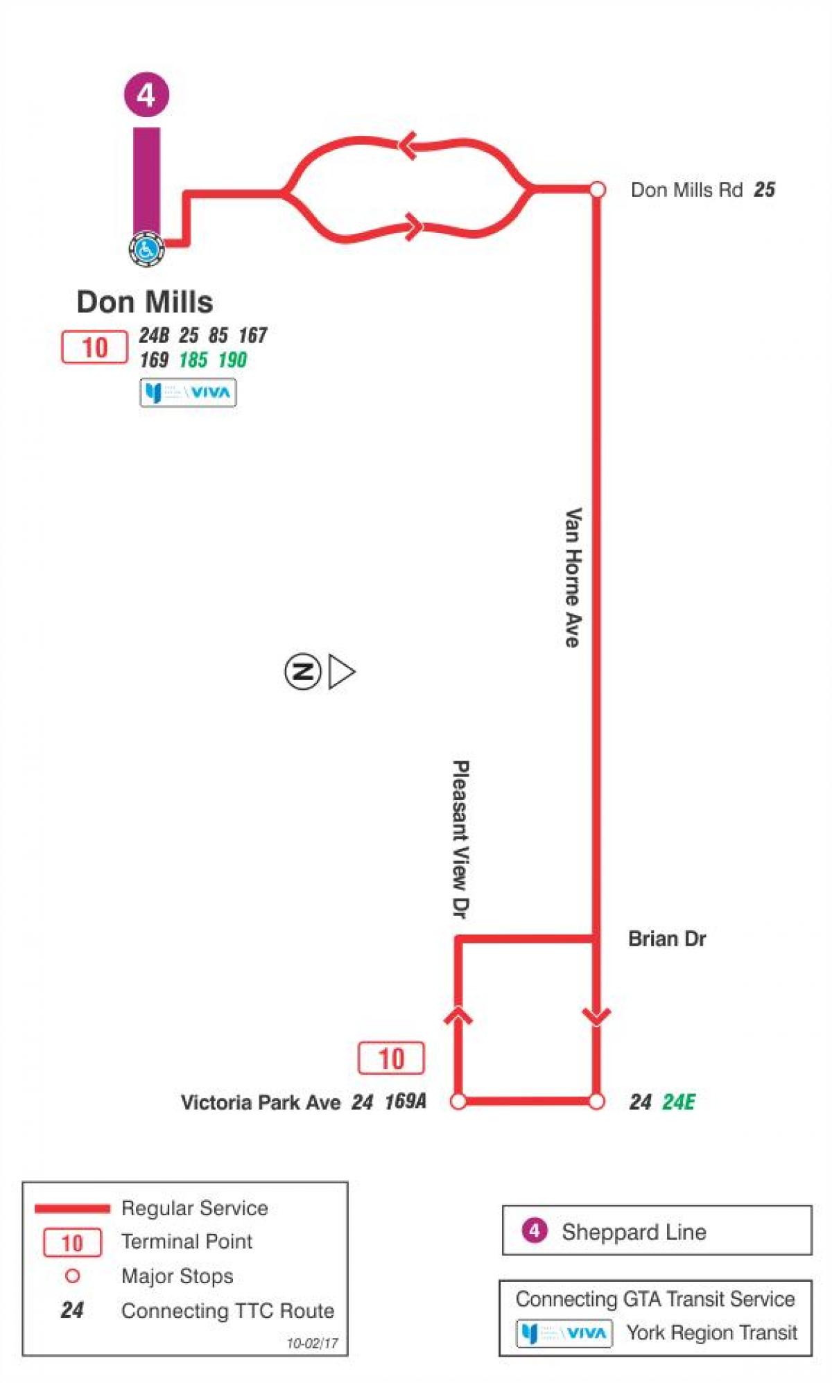 Zemljevid TTC 10 Van Horne avtobus pot v Torontu