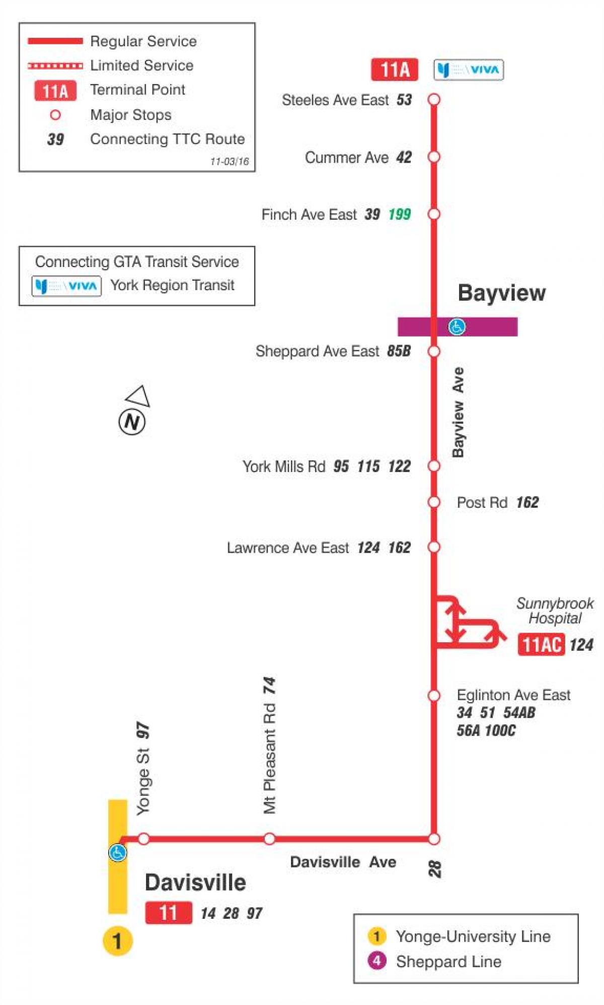 Zemljevid TTC 11 Bayview avtobus pot v Torontu