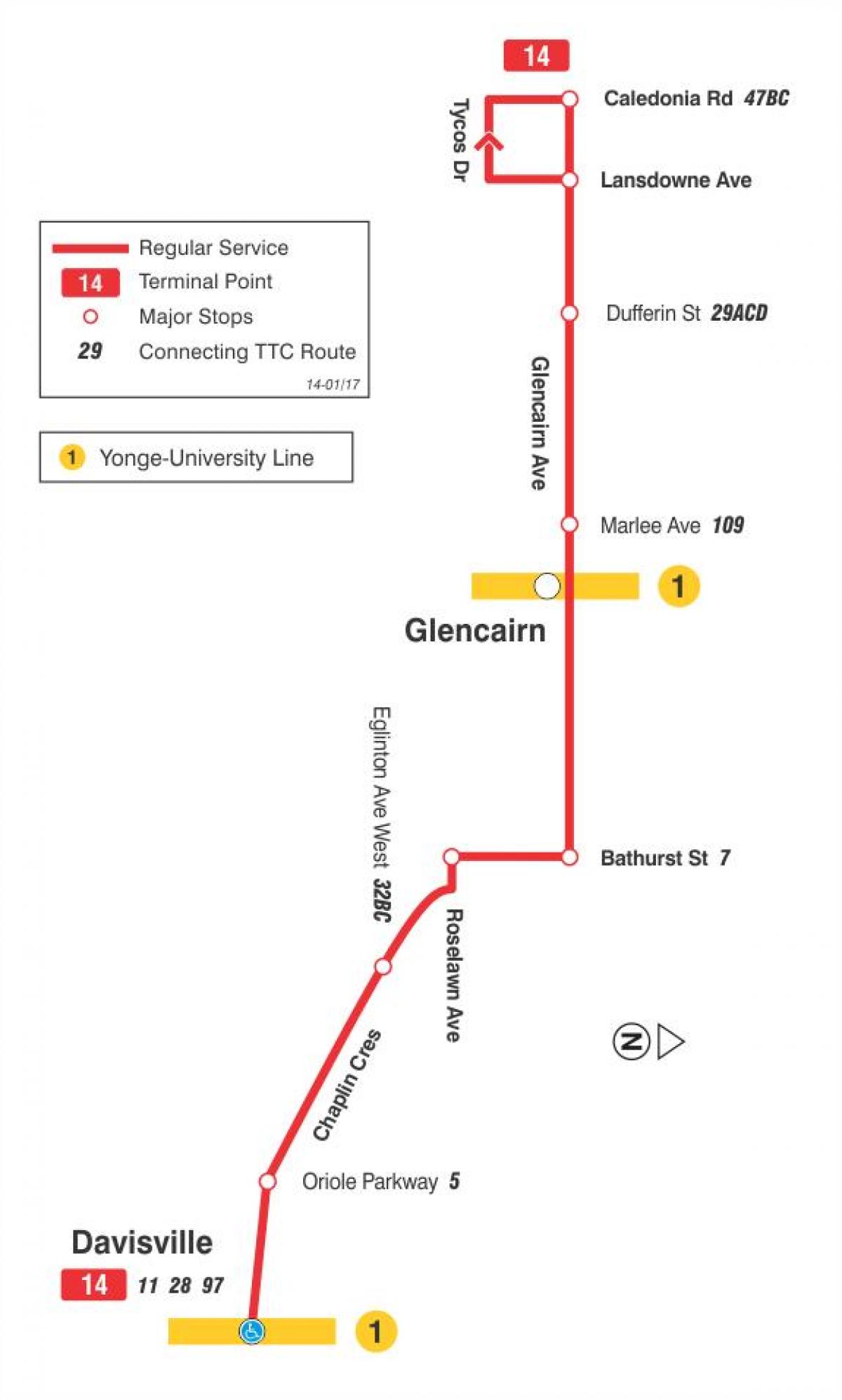 Zemljevid TTC 14 Glencairn avtobus pot v Torontu