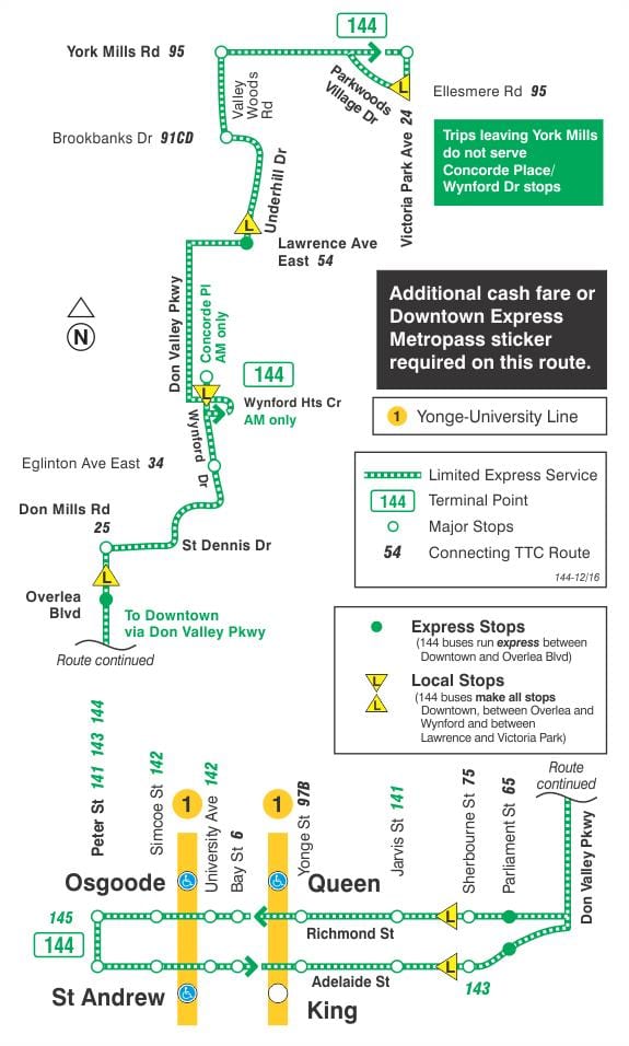 Zemljevid TTC 144 Centru / Ne Dolini Express avtobus pot v Torontu