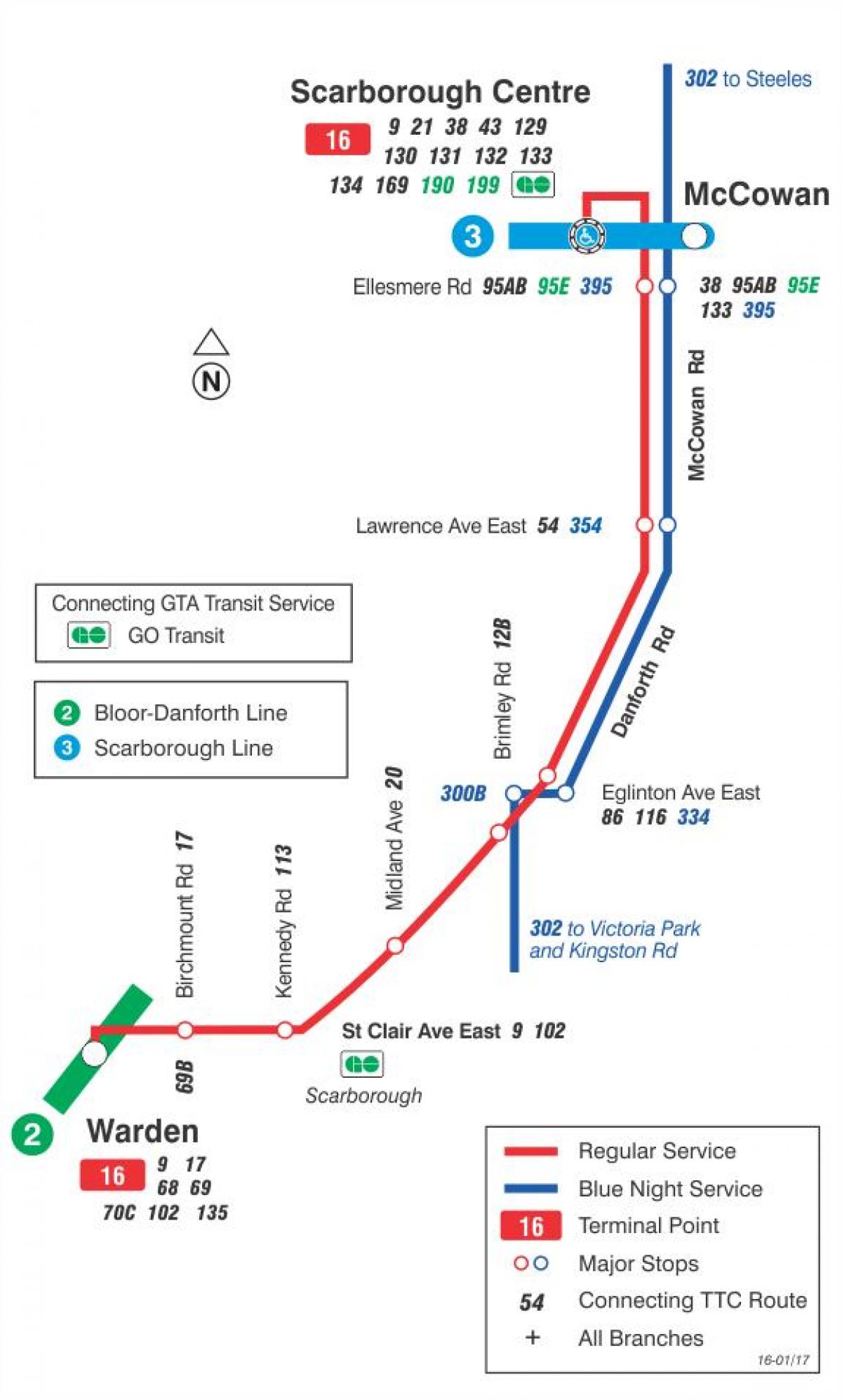 Zemljevid TTC 16 McCowan avtobus pot v Torontu