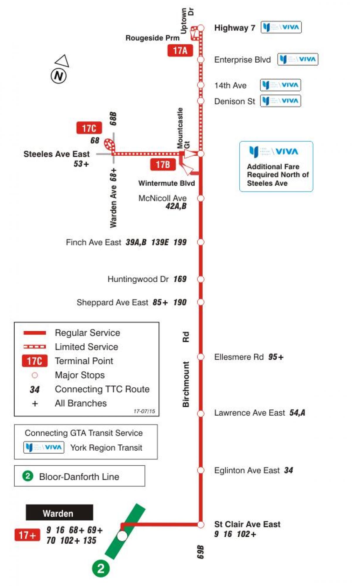 Zemljevid TTC 17 Birchmount avtobus pot v Torontu