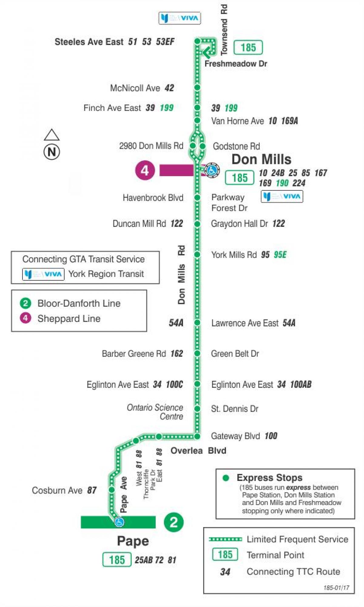Zemljevid TTC 185 Ne Mlini Raketa avtobus pot v Torontu