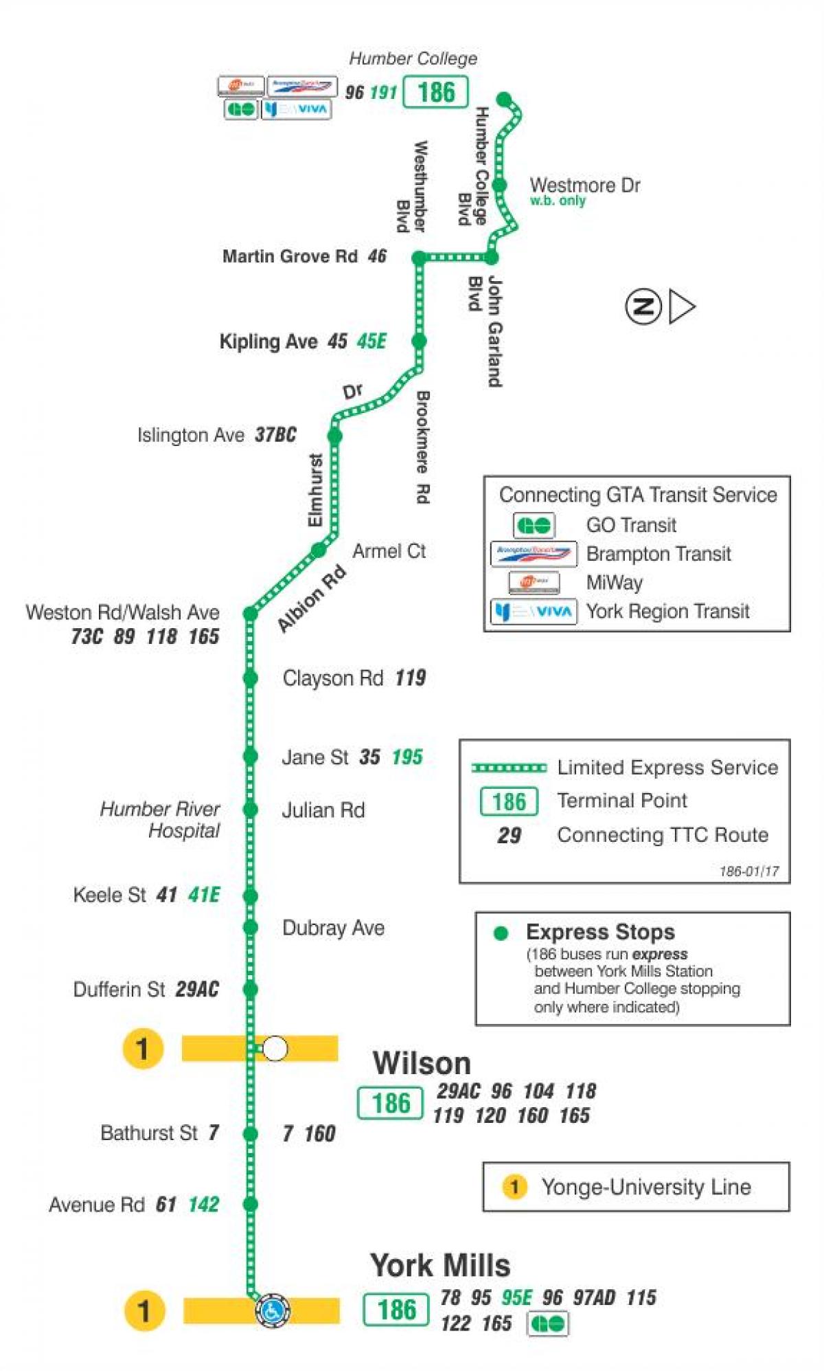 Zemljevid TTC 186 Wilson Raketa avtobus pot v Torontu