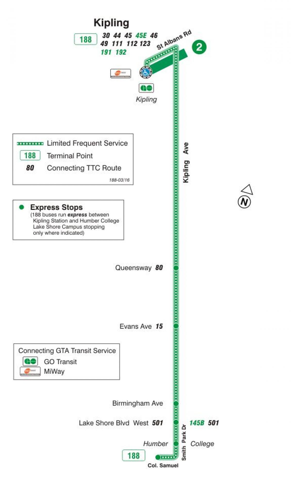 Zemljevid TTC 188 Kipling Južni Raketa avtobus pot v Torontu