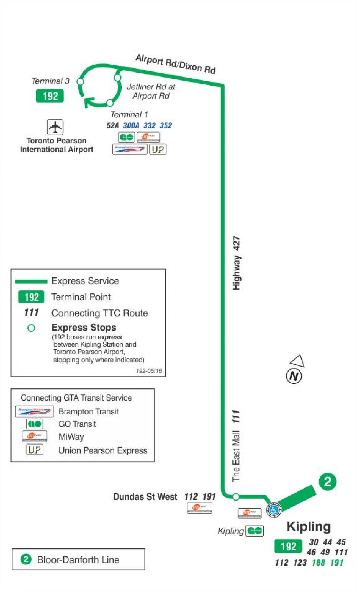 Zemljevid TTC 192 Letališče Raketa avtobus pot v Torontu