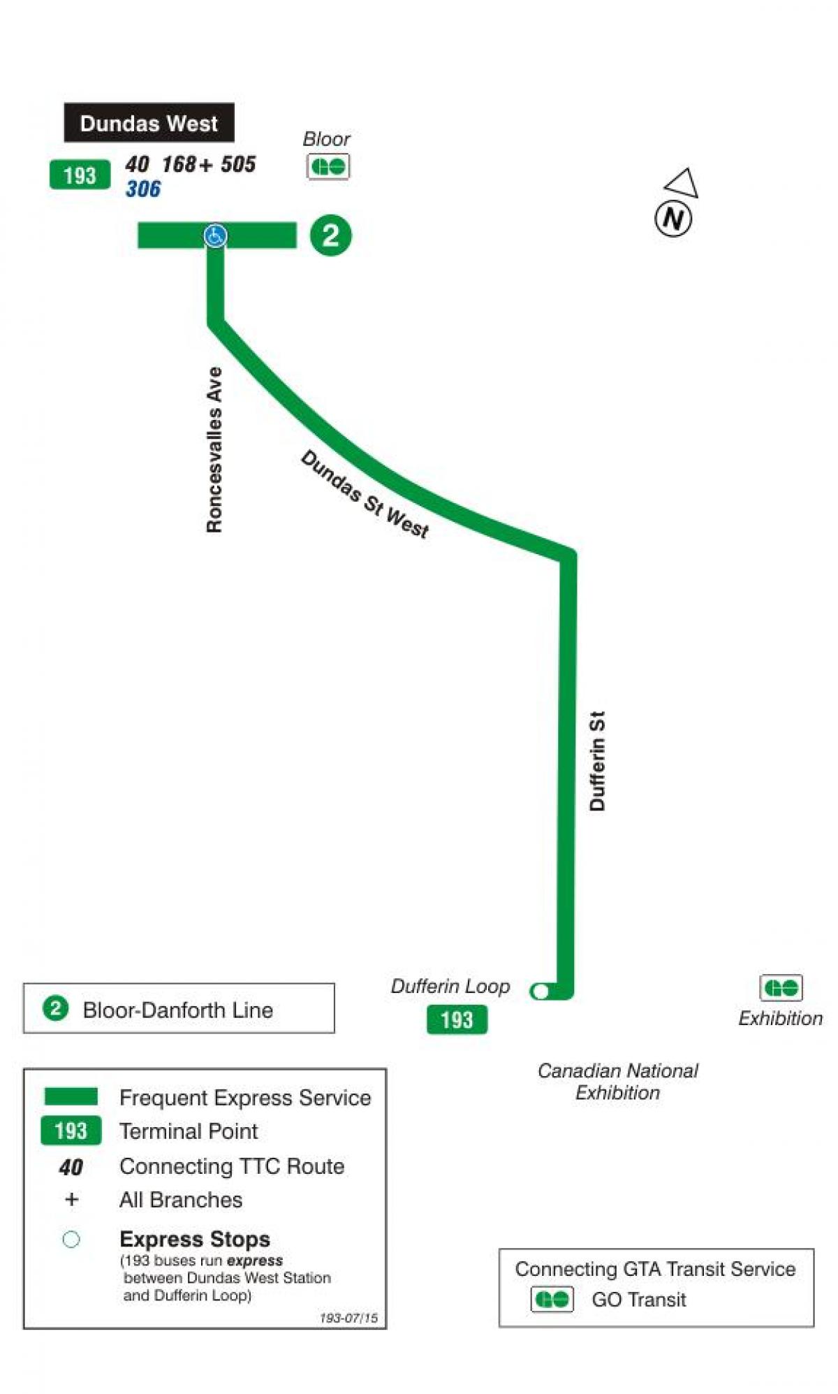 Zemljevid TTC 193 Razstava Raketa avtobus pot v Torontu