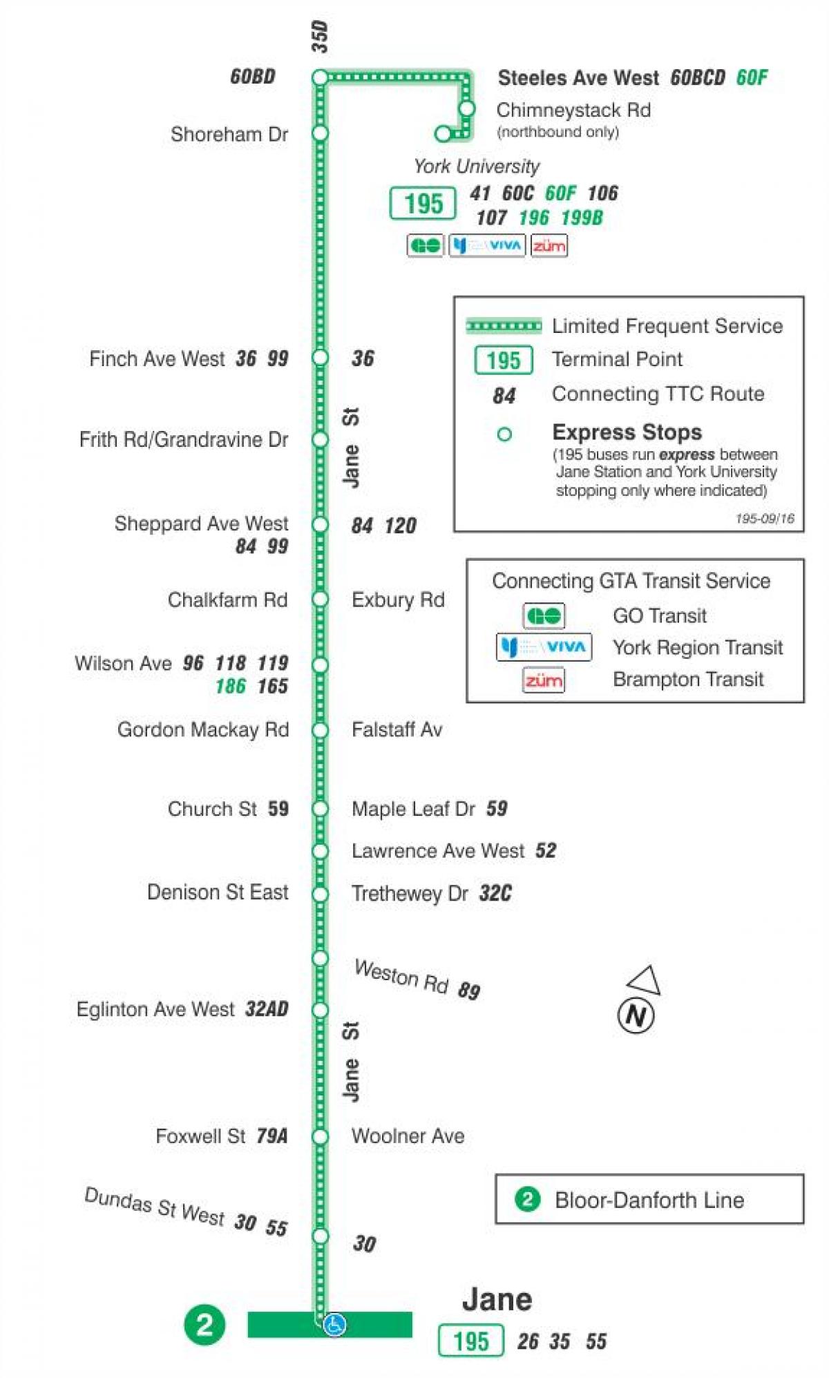 Zemljevid TTC 195 Jane Raketa avtobus pot v Torontu