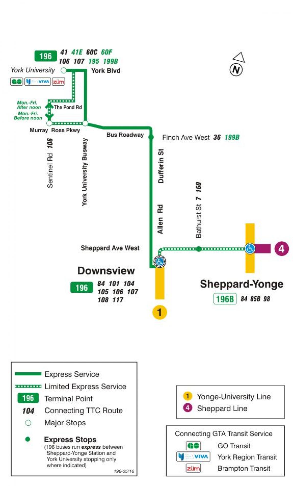 Zemljevid TTC 196 York University Raketa avtobus pot v Torontu