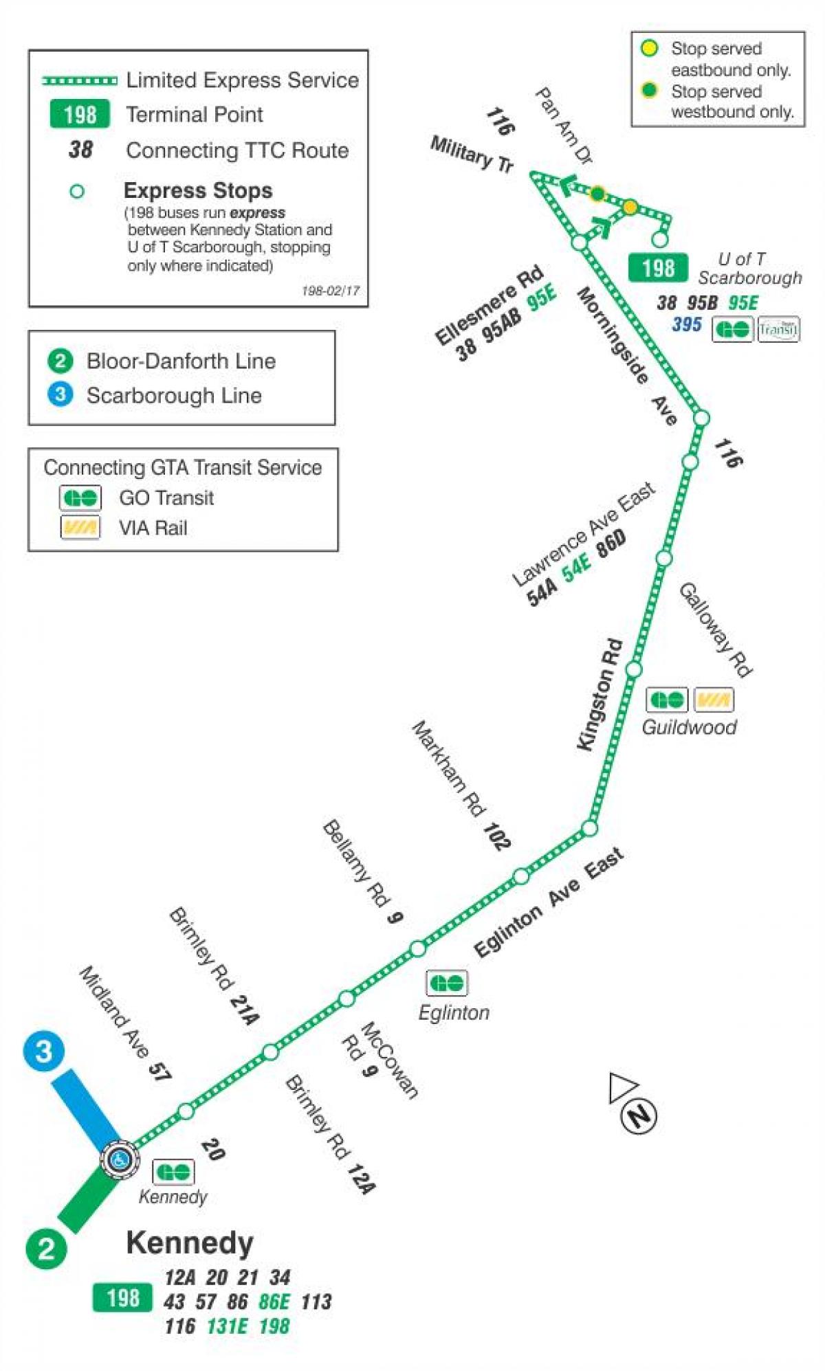 Zemljevid TTC 198 U T Scarborough Raketa avtobus pot v Torontu