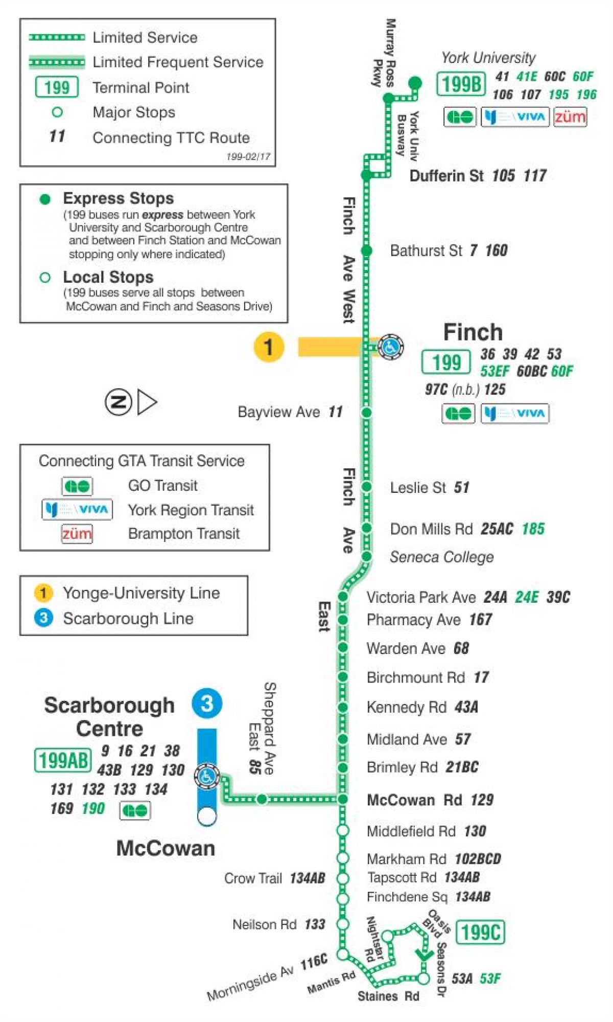 Zemljevid TTC 199 Ščinkavec Raketa avtobus pot v Torontu
