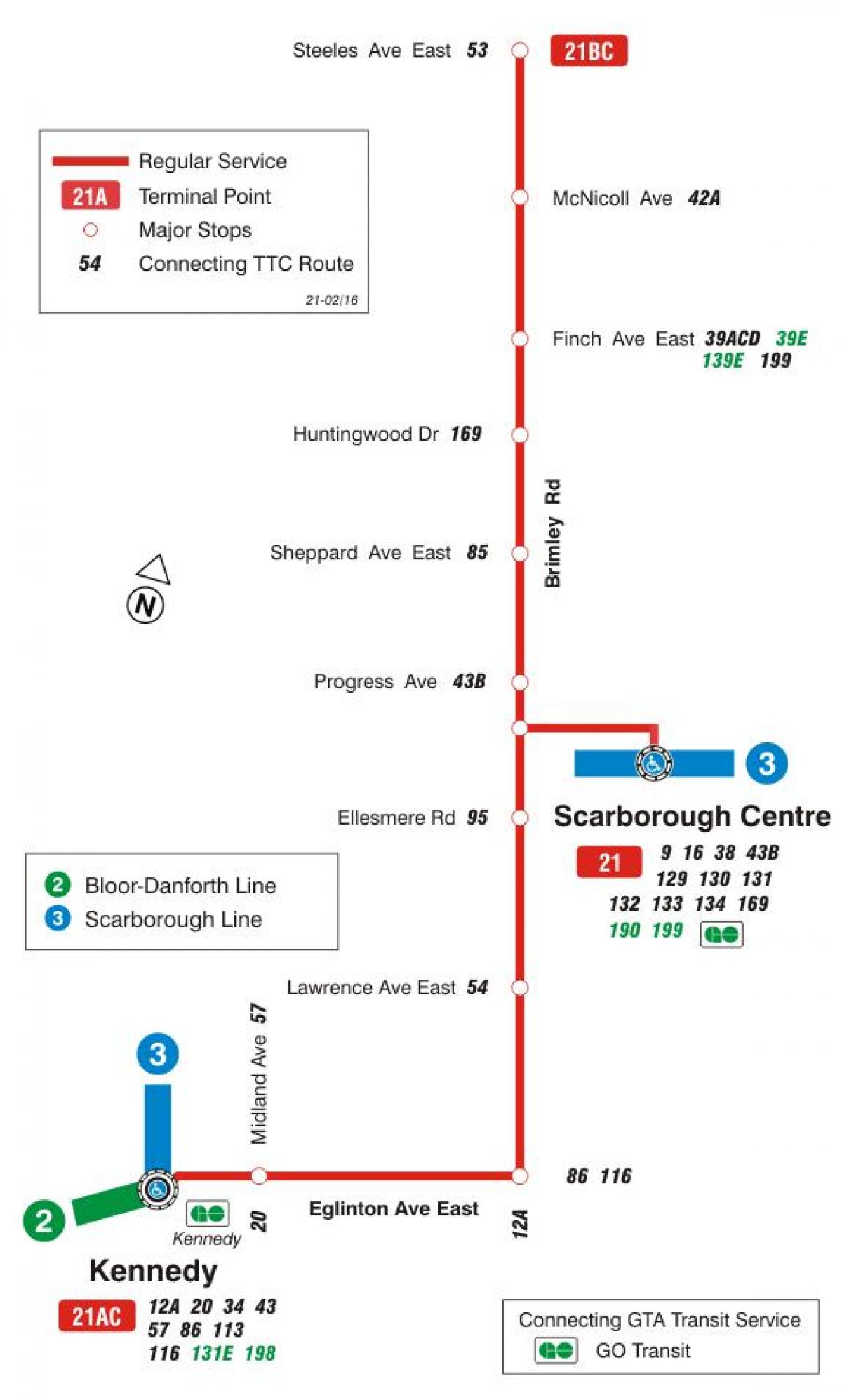 Zemljevid TTC 21 Brimley avtobus pot v Torontu