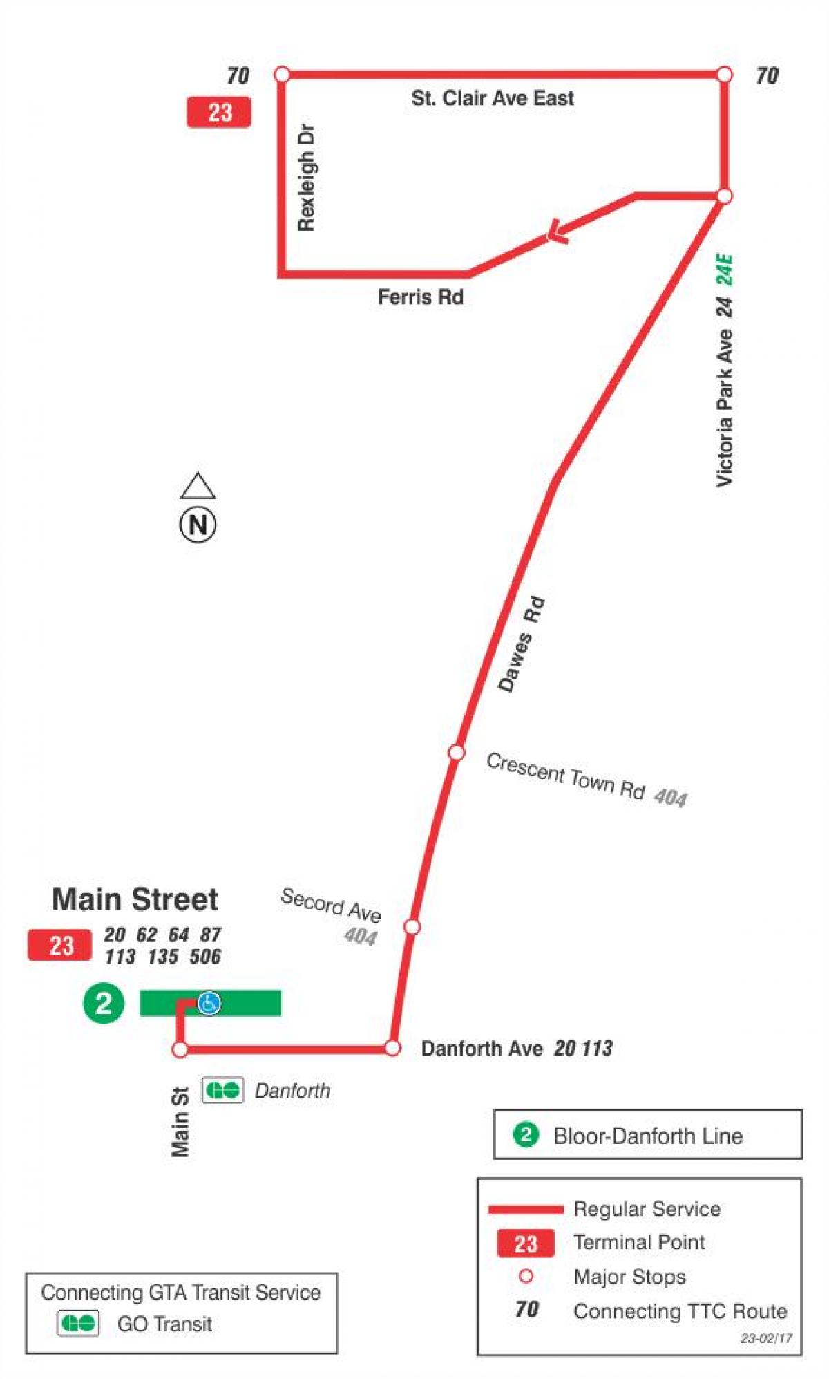 Zemljevid TTC 23 Dawes avtobus pot v Torontu