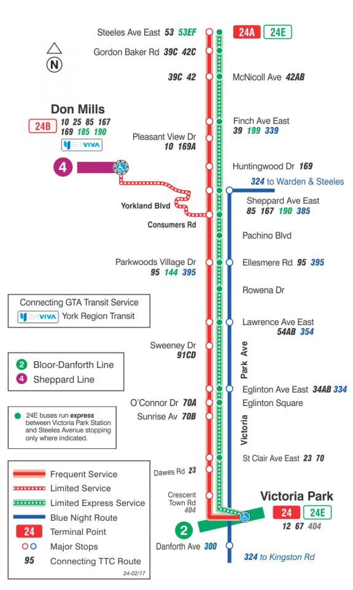 Zemljevid TTC 24 Victoria Parku avtobus pot v Torontu