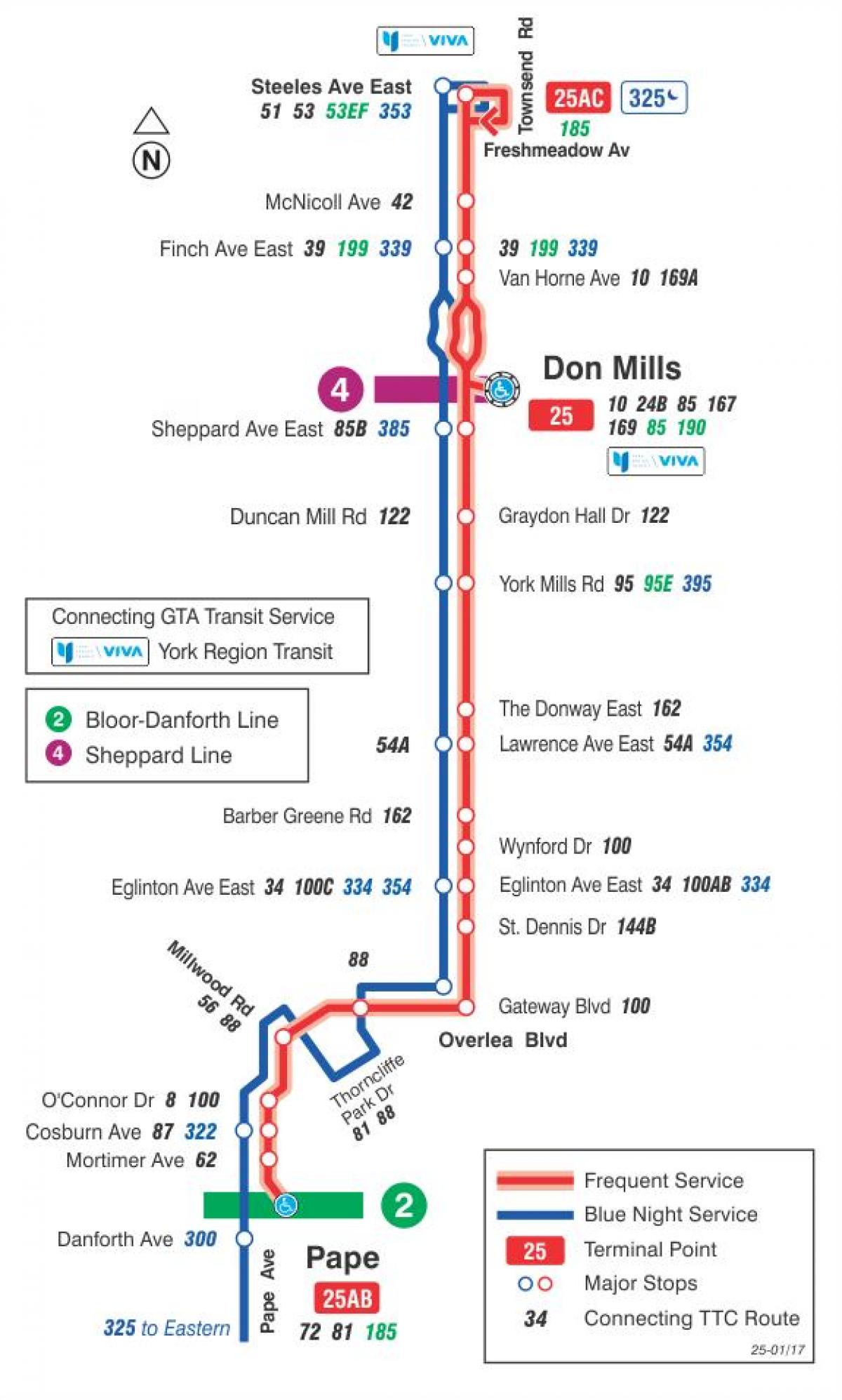 Zemljevid TTC 25 Ne Mlini avtobus pot v Torontu