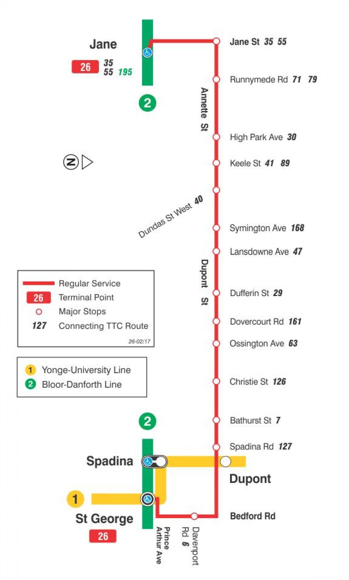Zemljevid TTC 26 Dupont avtobus pot v Torontu