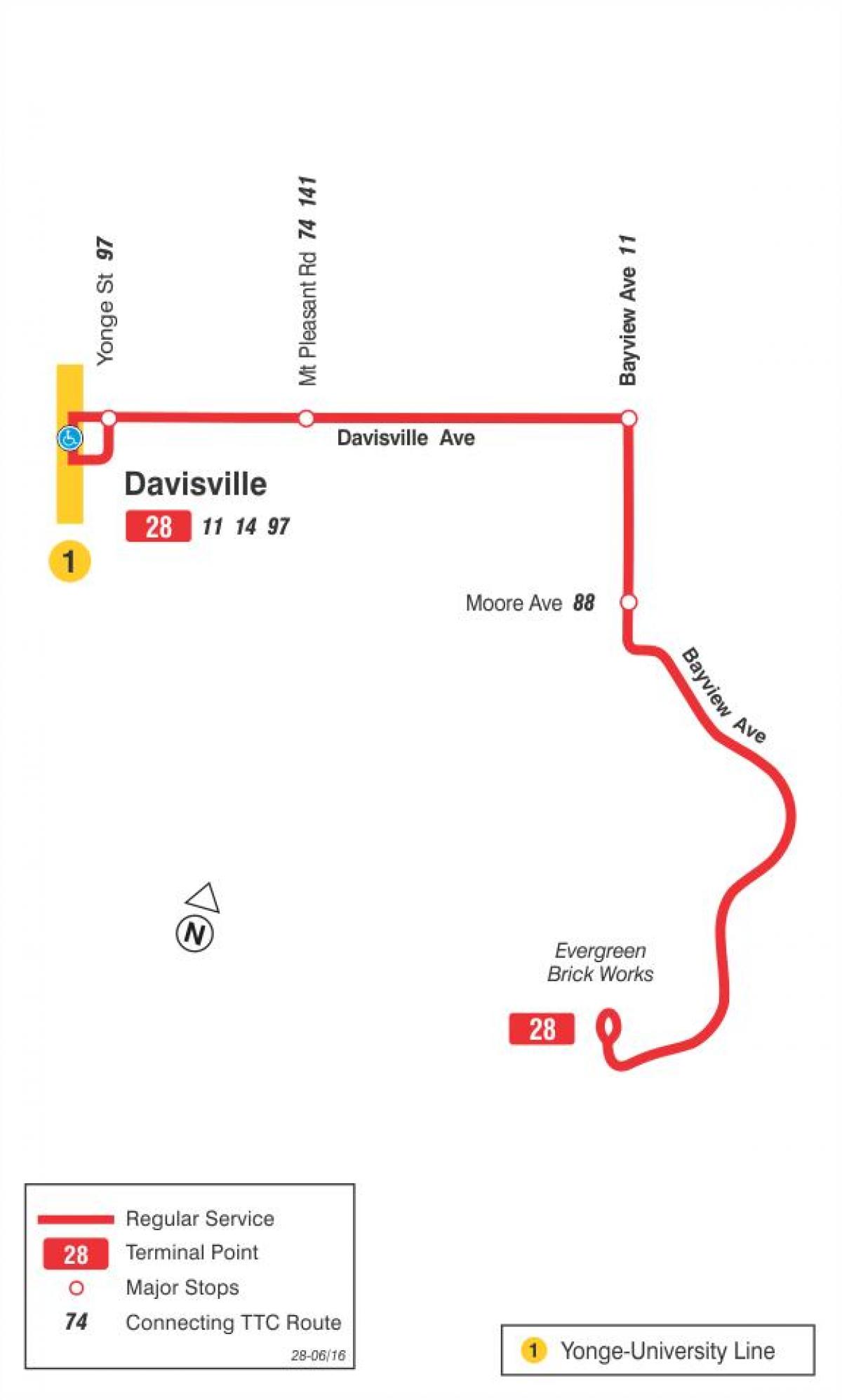 Zemljevid TTC 28 Bayview Južni avtobus pot v Torontu