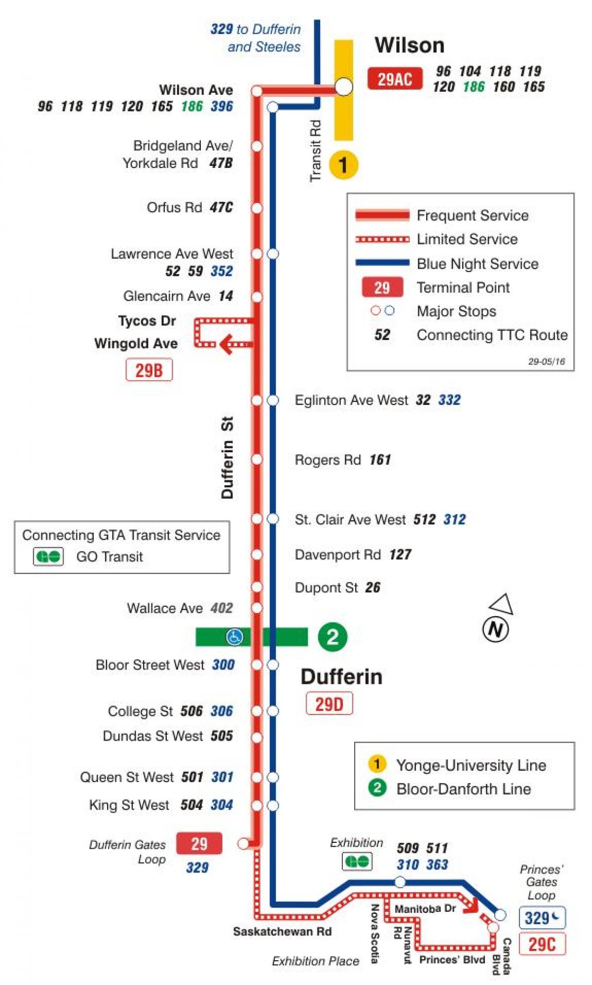 Zemljevid TTC 29 Dufferin avtobus pot v Torontu