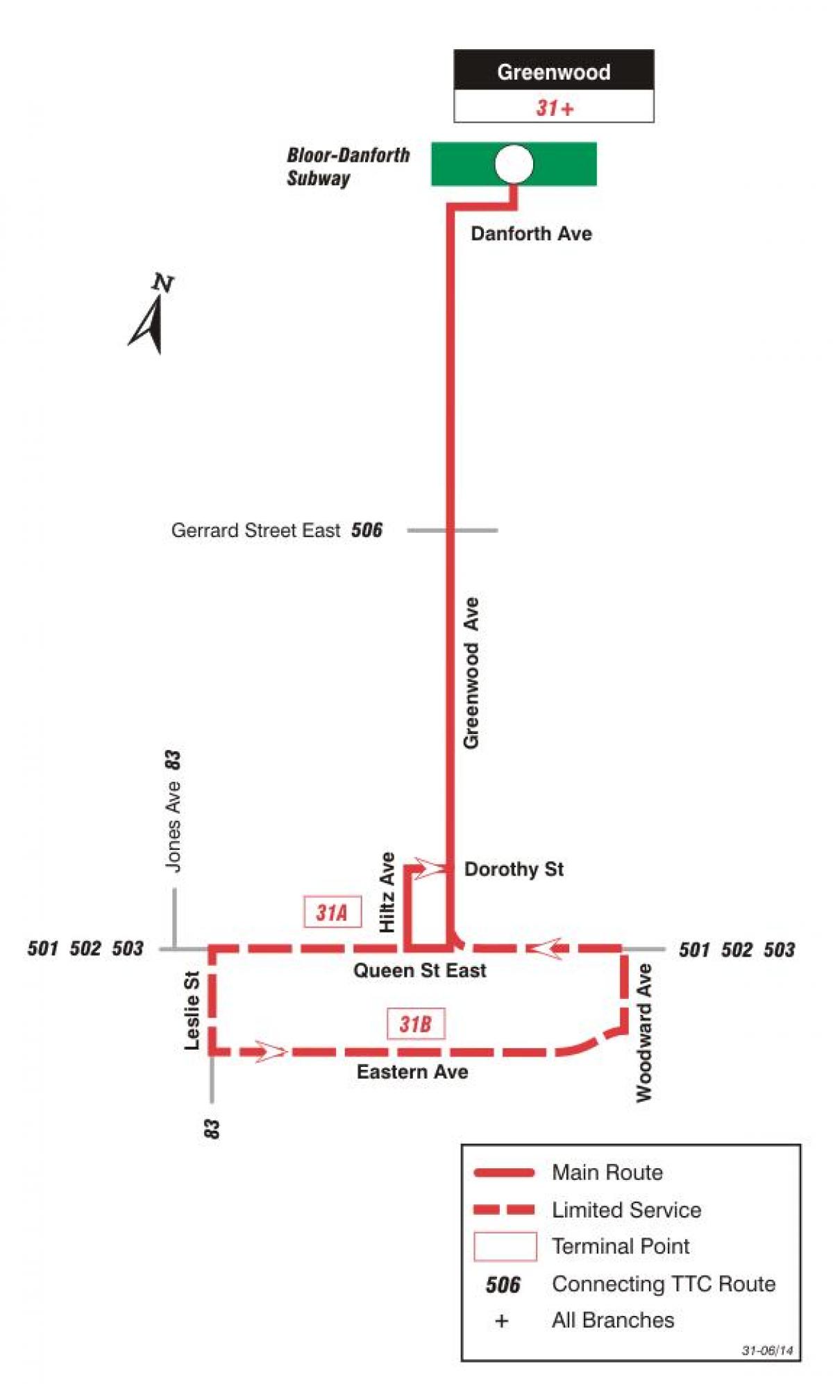 Zemljevid TTC 31 Greenwood avtobus pot v Torontu