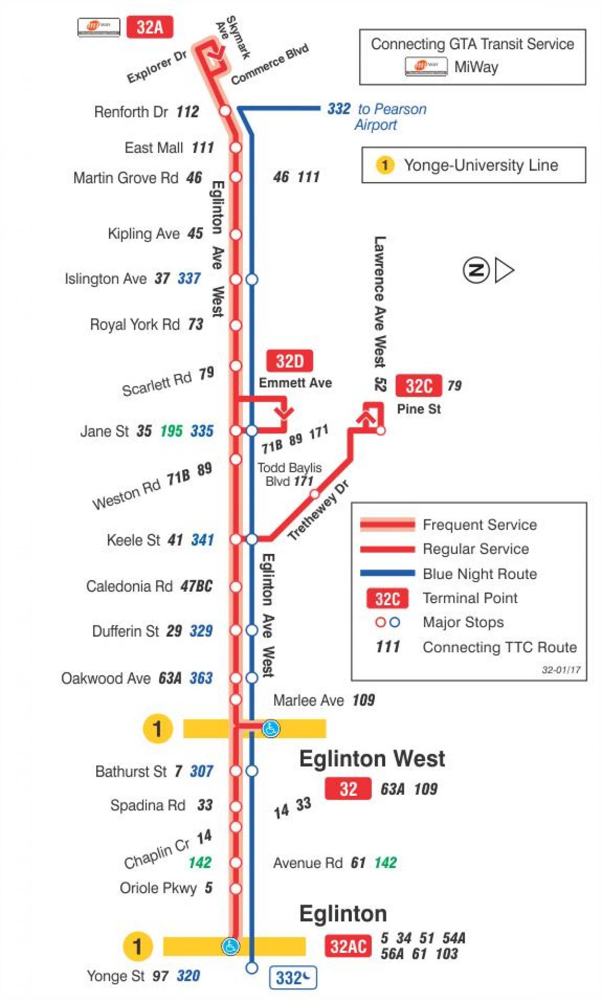 Zemljevid TTC 32 Eglinton Zahodu avtobus pot v Torontu