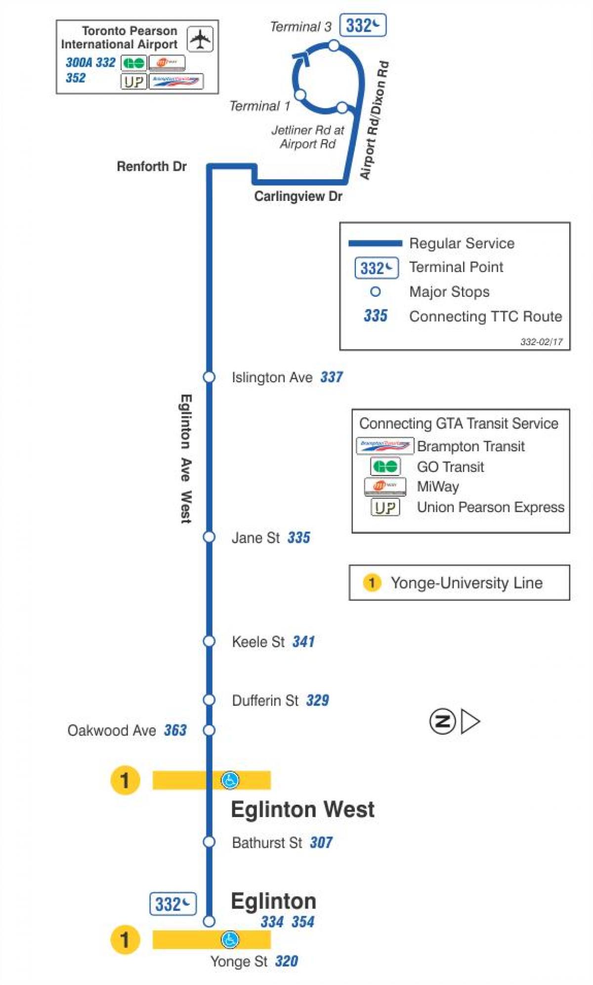 Zemljevid TTC 332 Eglinton Zahodu avtobus pot v Torontu