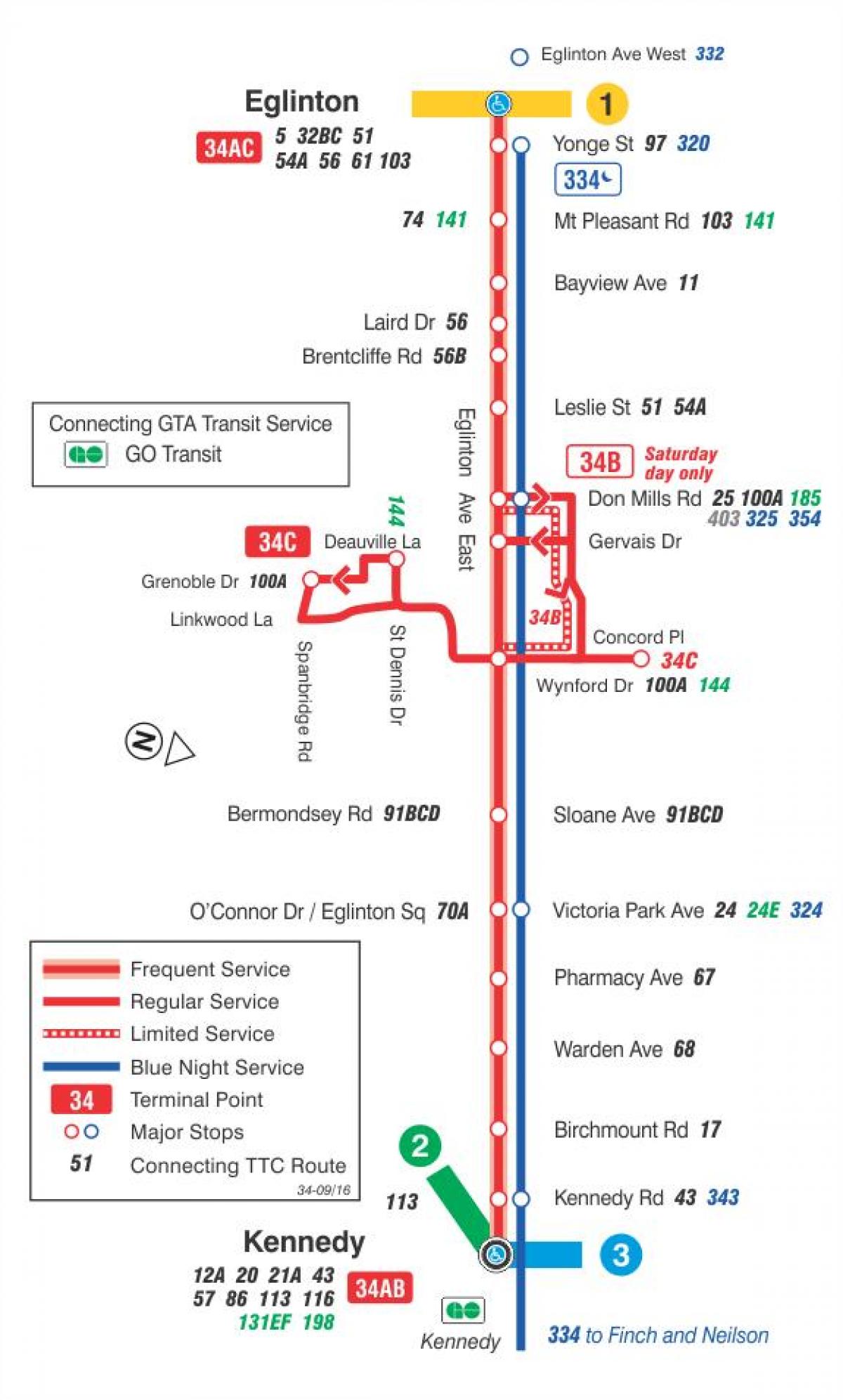 Zemljevid TTC 34 Eglinton Vzhodu avtobus pot v Torontu