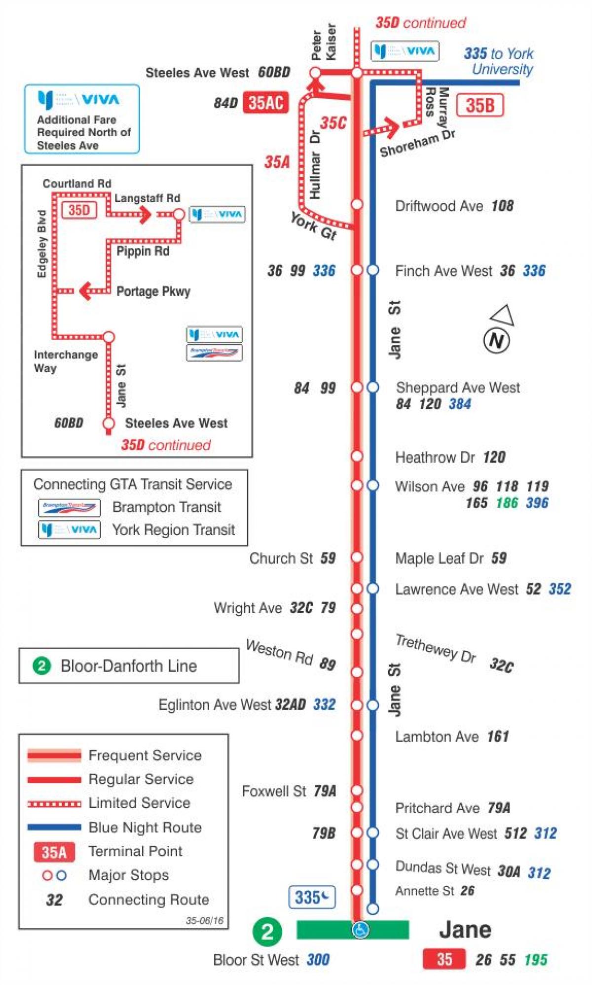 Zemljevid TTC 35 Jane avtobus pot v Torontu