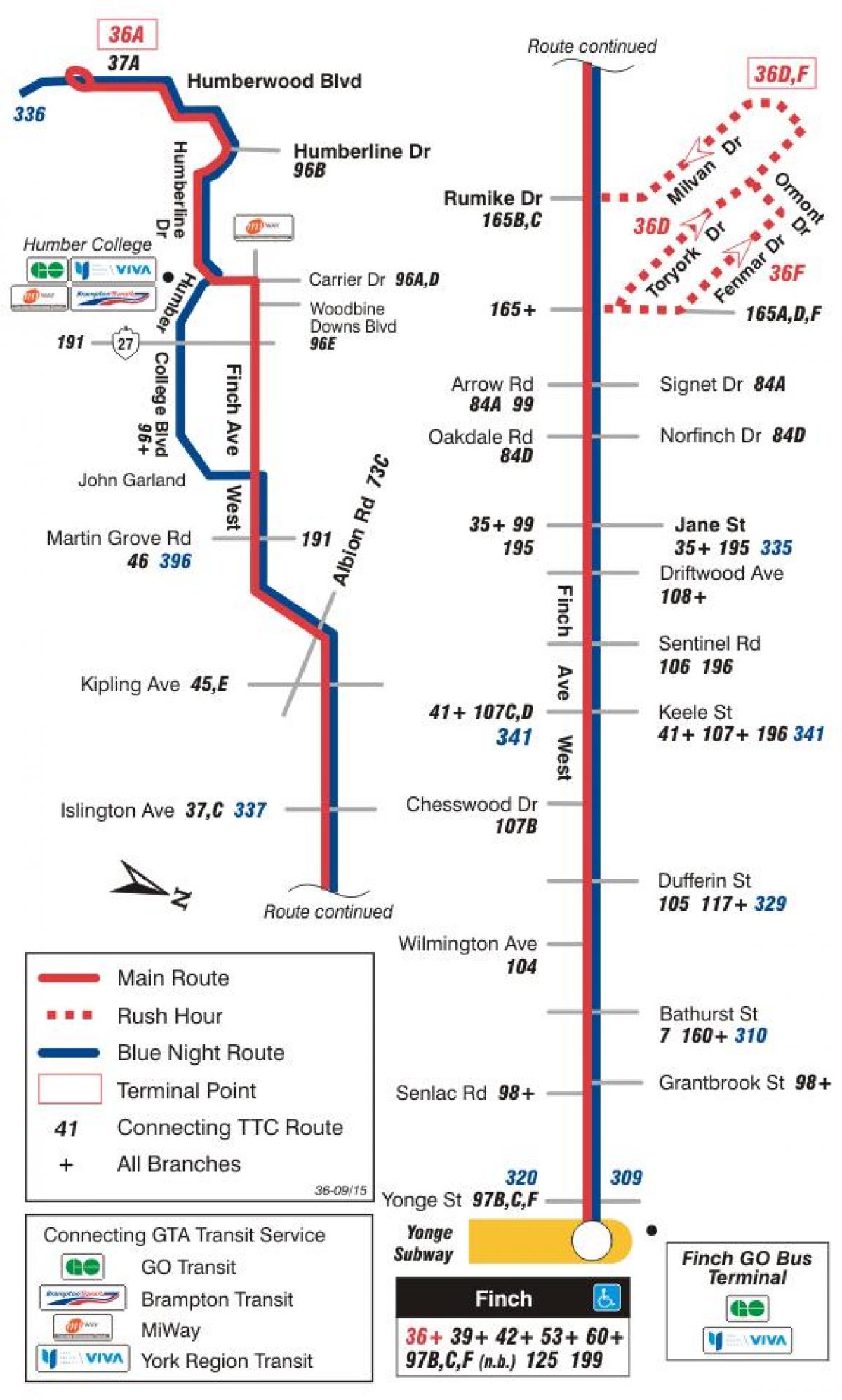 Zemljevid TTC 36 Ščinkavec Zahodu avtobus pot v Torontu