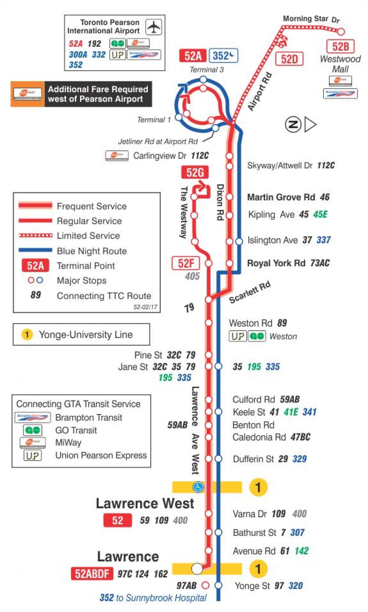 Zemljevid TTC 52 Lawrence Zahodu avtobus pot v Torontu