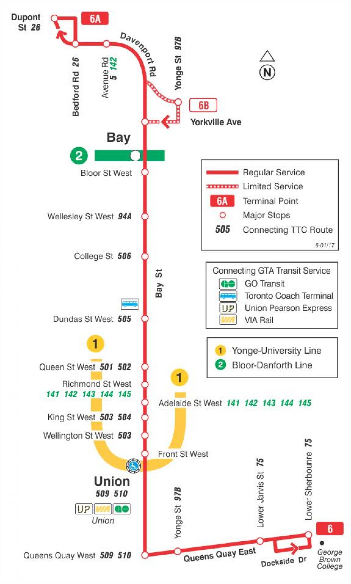 Zemljevid TTC 6 Bay avtobus pot v Torontu