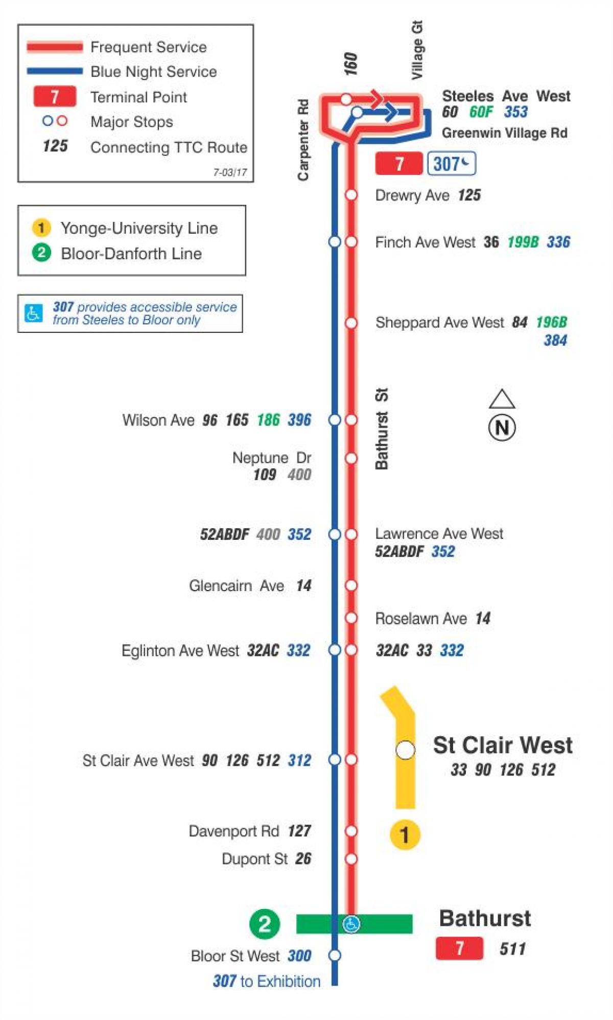 Zemljevid TTC 7 Bathurst avtobus pot v Torontu
