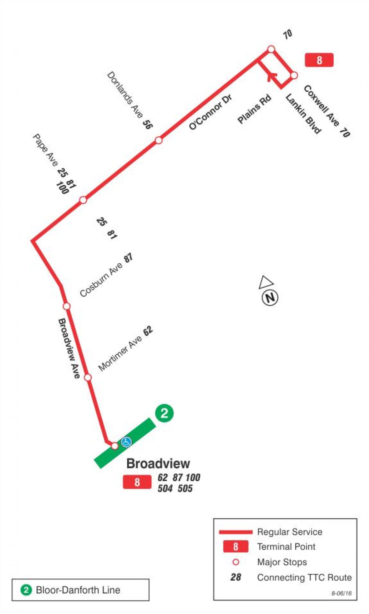 Zemljevid TTC 8 Broadview avtobus pot v Torontu