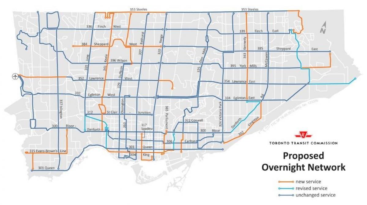 Zemljevid TTC prenočitev omrežja Torontu