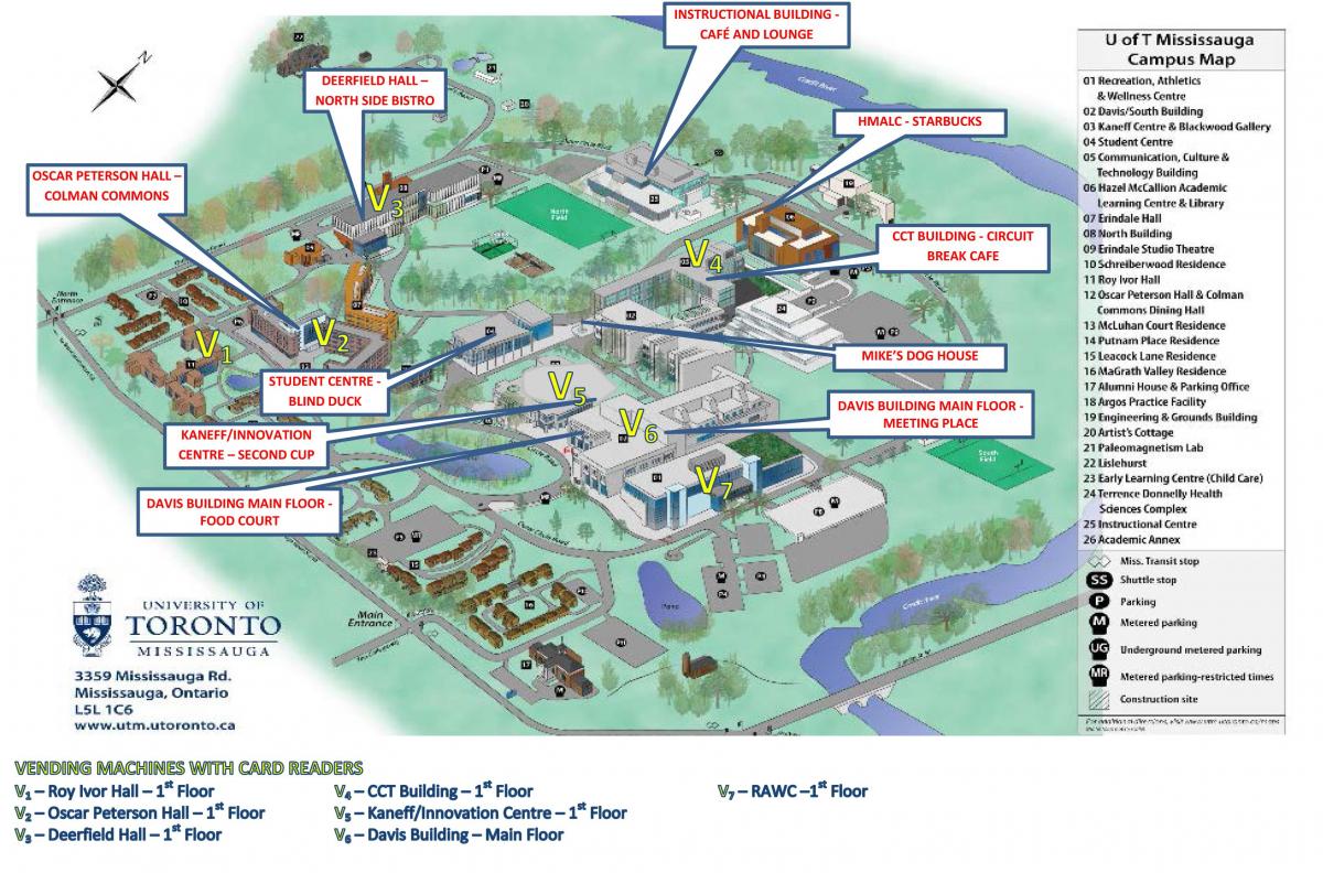 Zemljevid univerza v Torontu Mississauga kampusu hrana, storitve