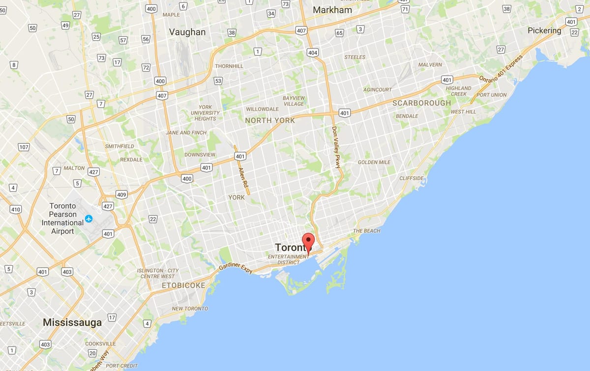 Zemljevid Vzhodu Bayfront okrožno Torontu