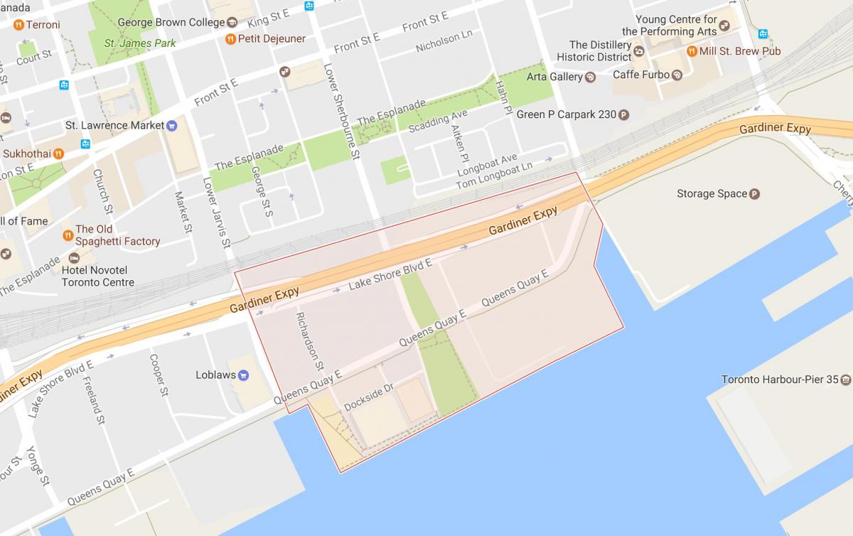 Zemljevid Vzhodu Bayfront sosedske Torontu